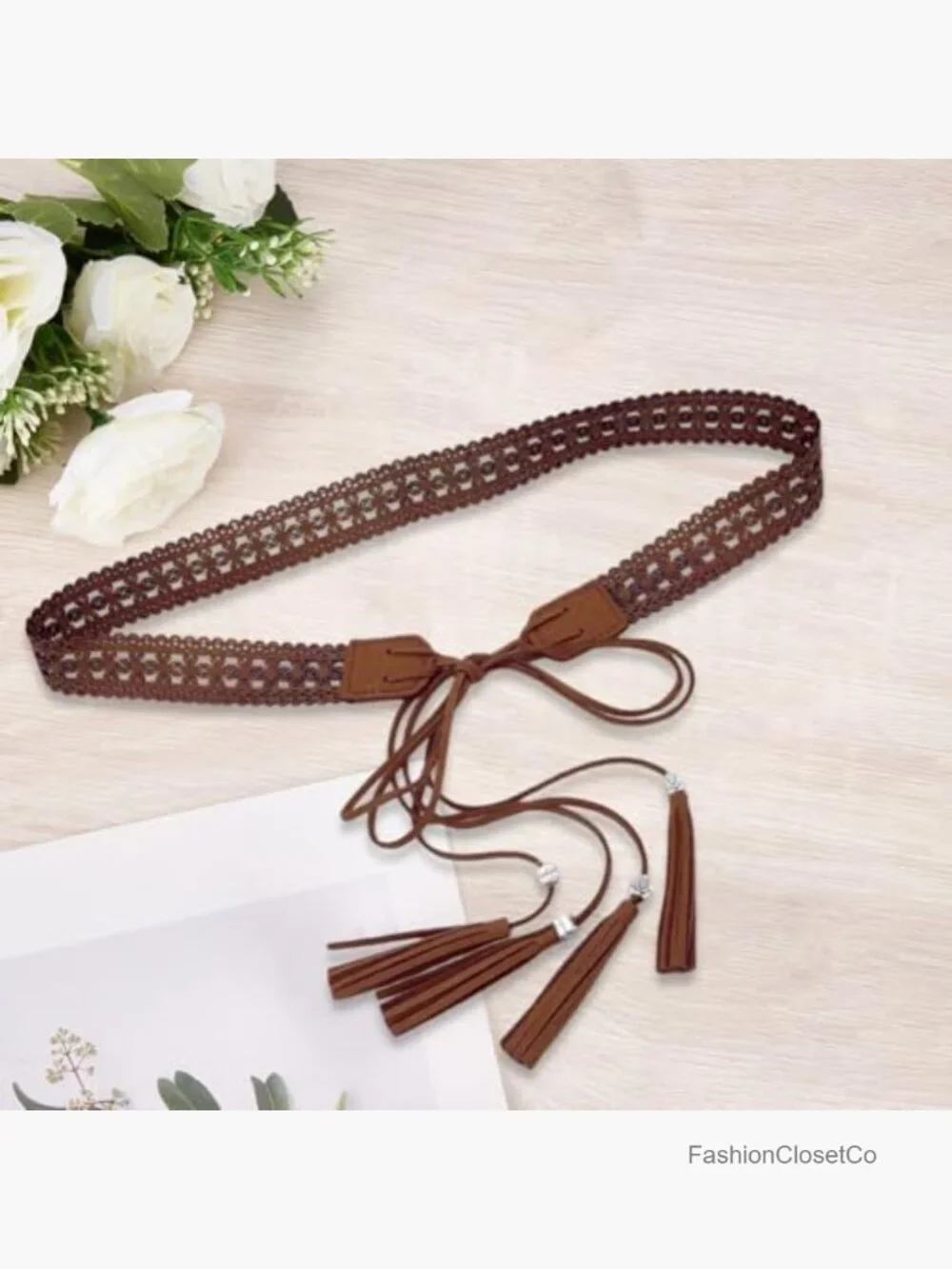 PU Leather Boho Braided Tassel Belt Vintage Hollow Knotted Waistband